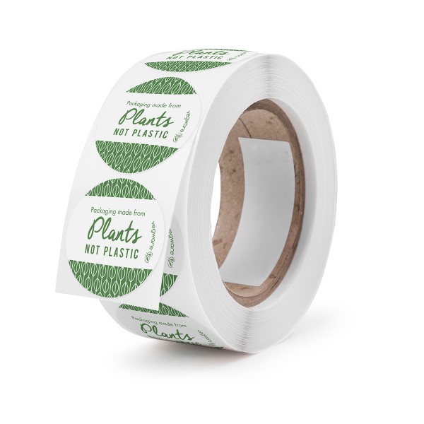 Vegware™ 1.7-inch Round Compostable Preprinted `Plants not Plastics` Eco-Stickers